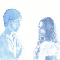 Merlin and Morgana looking at each other, study in blue inks